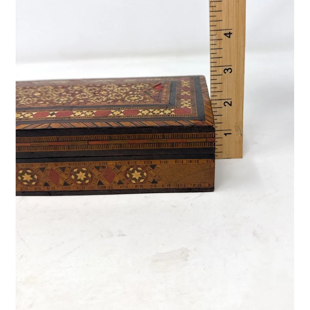 Vintage Intricate Wood Inlay Hinged Trinket Box